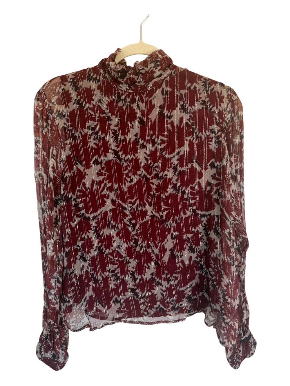 Warm (brand) Women’s Ruffled Mock Neck Blouse - Red Floral
